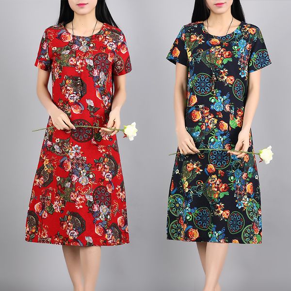 

2019 chinese traditional dress women chinese style dress qipao side slit cheongsam modern oriental linen flower print, Red