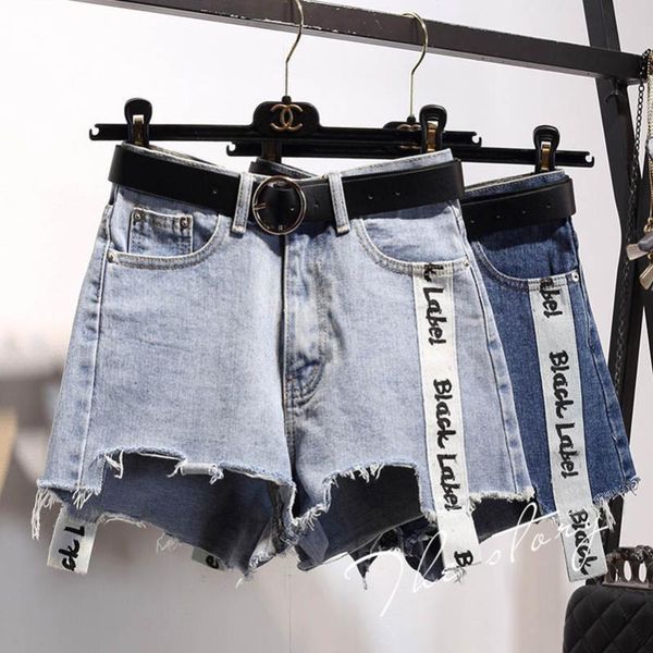 

plus size summer letter print stitching denim shorts 2019 summer women casual mid waist loose jeans shorts females, White;black