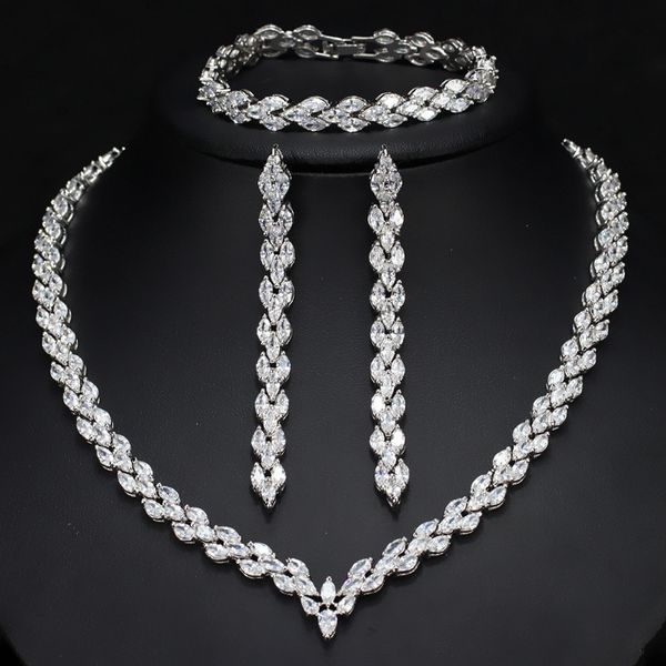 

aglover summer new multicolor long chain necklace & earrings & bracelet for woman statement wedding birthday jewelry set, Silver