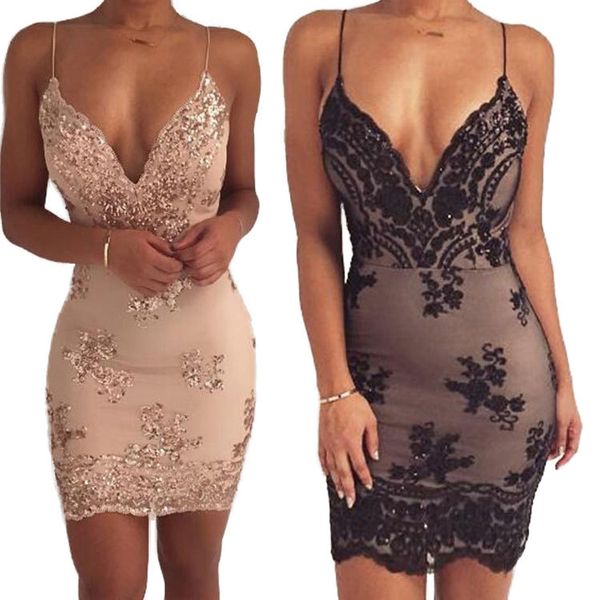 

платье партии bodycon женщины sequined sexy backless летние платья новый европейский глубокий v-образным вырезом элегантные эс платье мини l, Black;gray