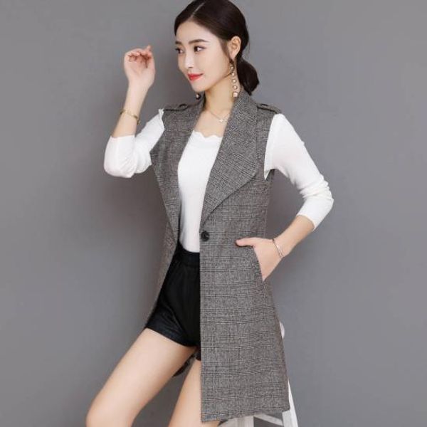 

autumn long blazer vest women office slim single button plaid women suit vest elegant waistcoat sleeveless jacket ae57, Black;white
