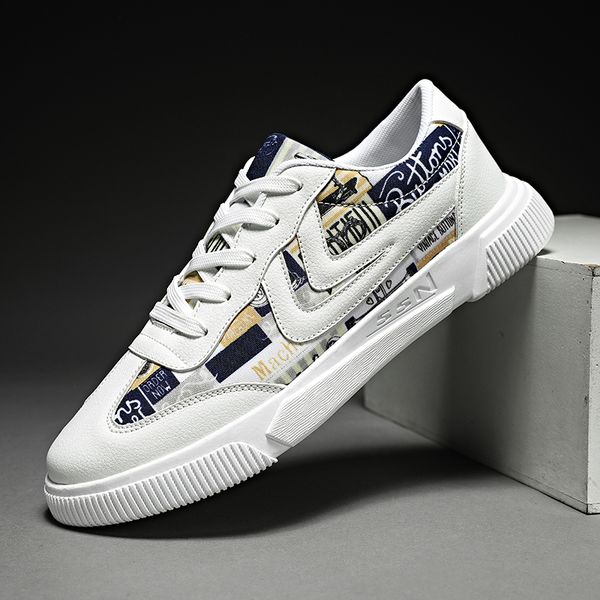 

casoipra fashion men flats vulcanized shoes white zapatos de hombre lace-up graffiti design men casual shoes male sneaker, Black