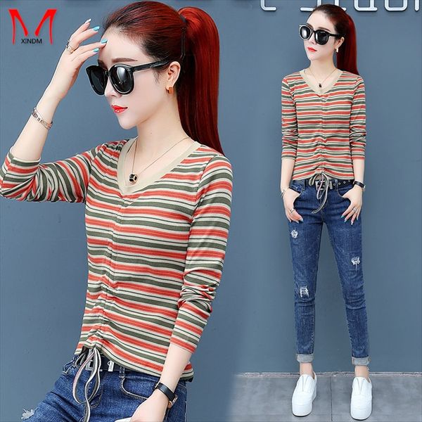 

rainbow striped t- t- shirt women's long sleeve 2019 fashion slim short v-neck early autumn women's light base shirt, White
