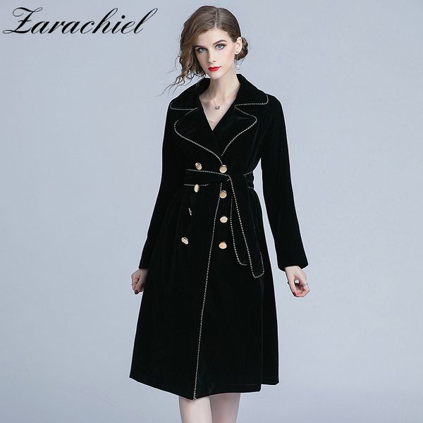 

2019 new autumn winter black velvet trench coat women notched collar gold double-breasted with belt thick warm trench outwear, Tan;black