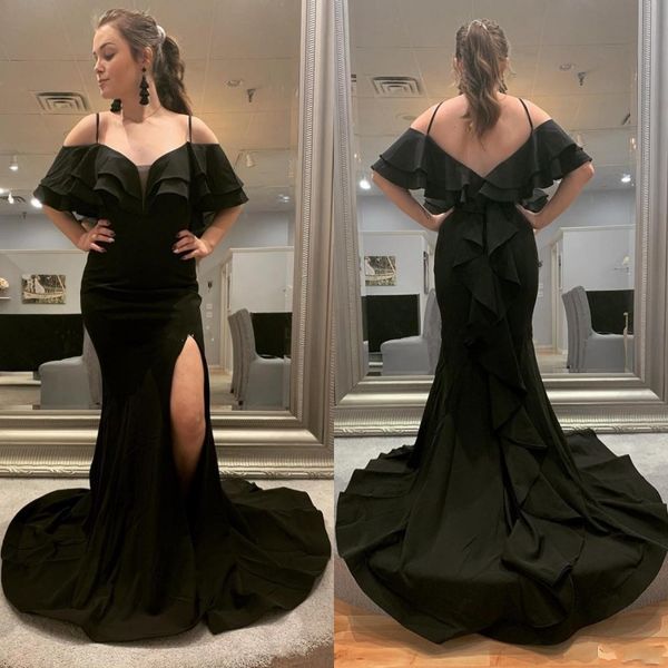 

2020 spaghetti strap mermaid black evening dresses robes de soirÃ©e backless ruffles long formal party gowns with side split, Black;red