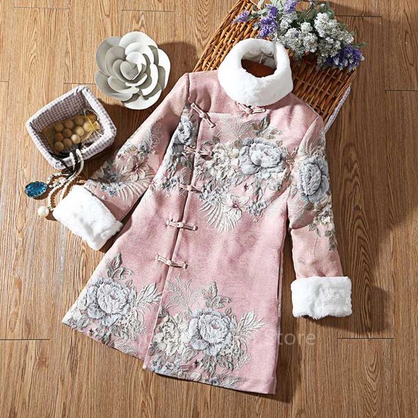 

women cheongsam dress jacket chinese style new year celebration party qipao flower embroidery fleece cotton classic clothes coat, Red