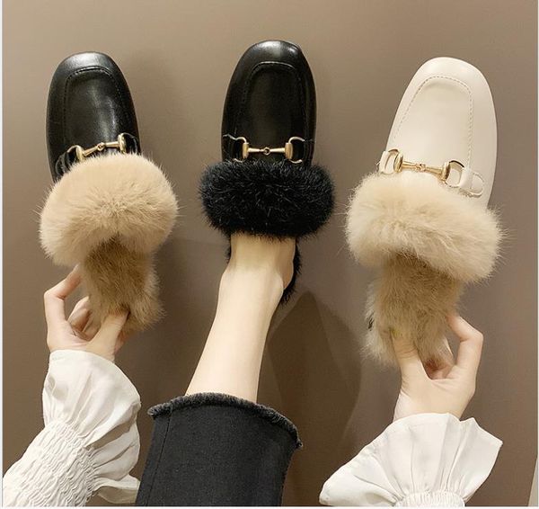 

peas shoes autumn and winter fur slippers women wear flat square square real rabbit hair shoes, Black