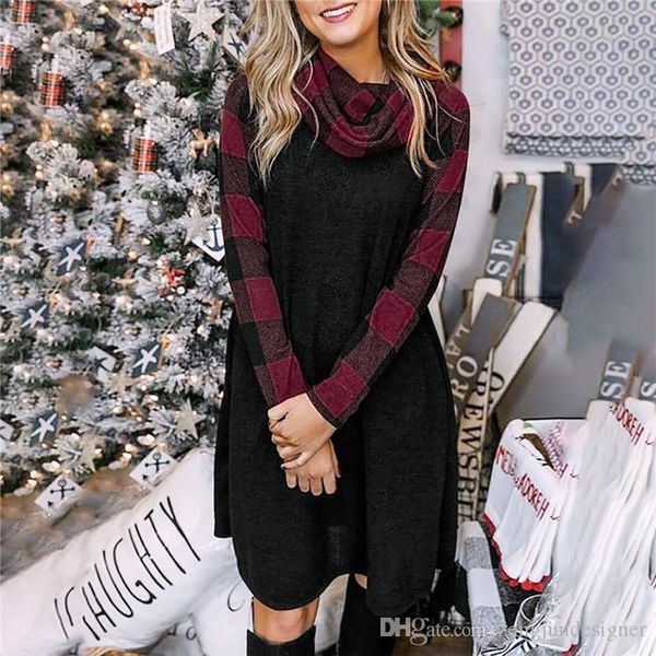 

womens autumn designer plus size dresses plaid print long sleeve cowl neck solid color female clothing fashion style casual apparel, Black;gray
