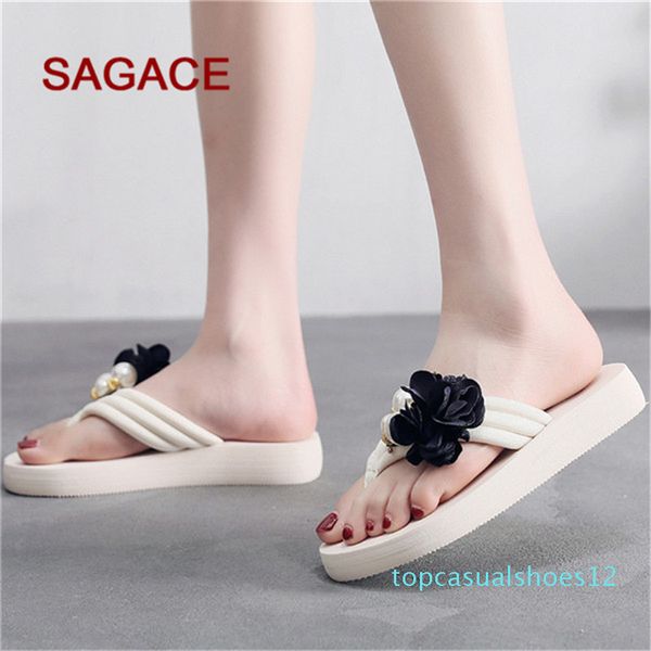 

sagace fashion slippers women's summer stretch fabric slippers seaside pearl non-slip flat beach shoes sandalia feminina t12, Black