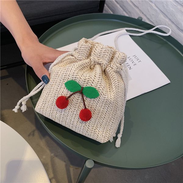 

small straw bucket crossbody shoulder bags for giels women summer beach drawstring pouch fashion cherry messenger bags