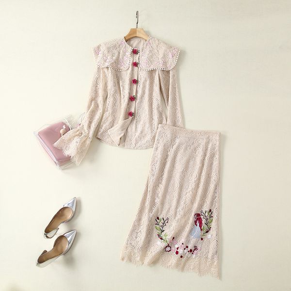 

european and american women's dress 2019 summer new style button shirt flared sleeves flowers embroidered skirt bud silk suit, White