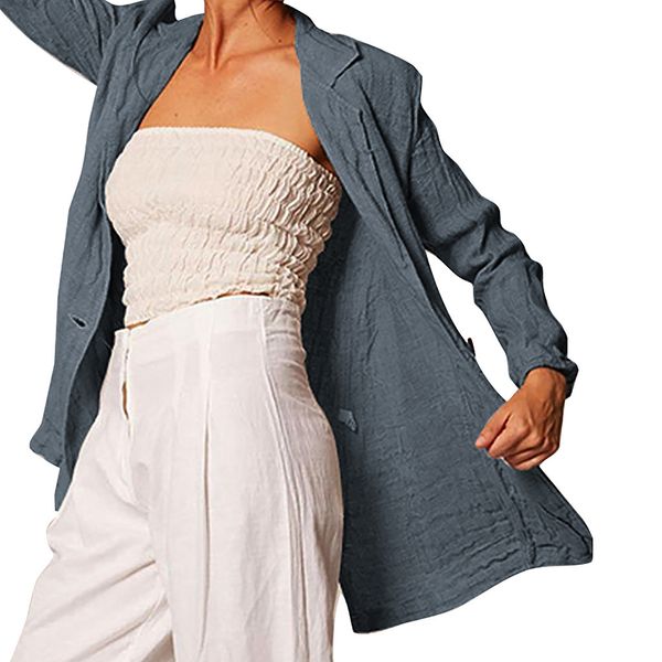 

cotton and linen solid women pant suits notched collar blazer jackets loose suit coat khaki female suit autumn 2019 high quality, White;black