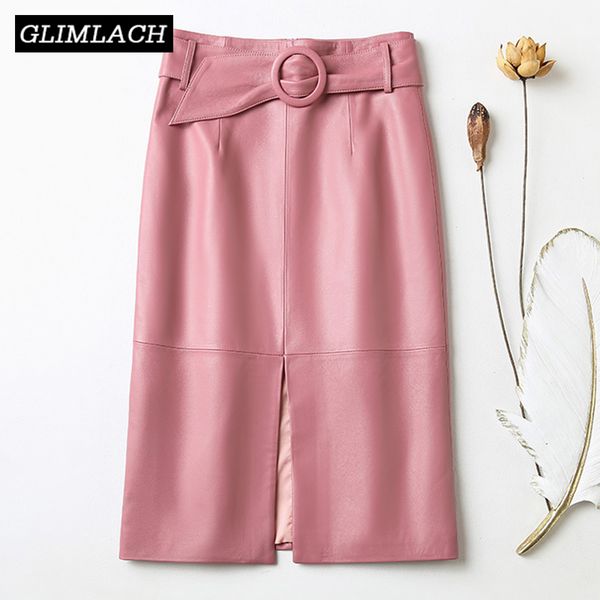 

skirts 2021 women genuine leather wrap skirt with belt high waist front slit office lady real midi long pink female, Black
