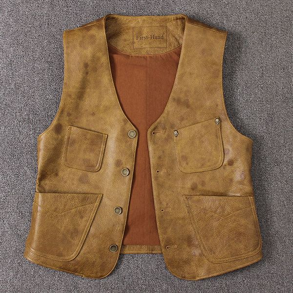 

men's real leather vest japanese style button genuine cow leather casual waistcoat short slim vintage yellow male biker vest, Black;white