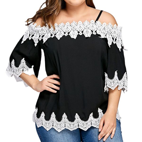 

fashion women lace appliques cold shoulder tee ladies shirt casual 3/4 sleeve blouse, White