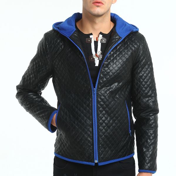 

autumn and winter new style warm headless mode men's fashion contrasting color hooded casual leather coat-plaid jacket, Black