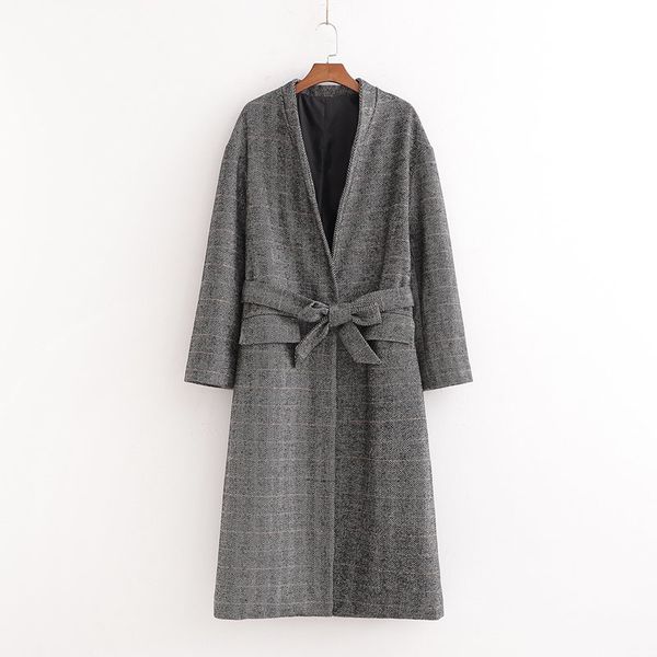 

office lady dark grey woman long woolen coat 2019 autumn-winter new fashion plaid girls outwear elegant sashes female coat, Black