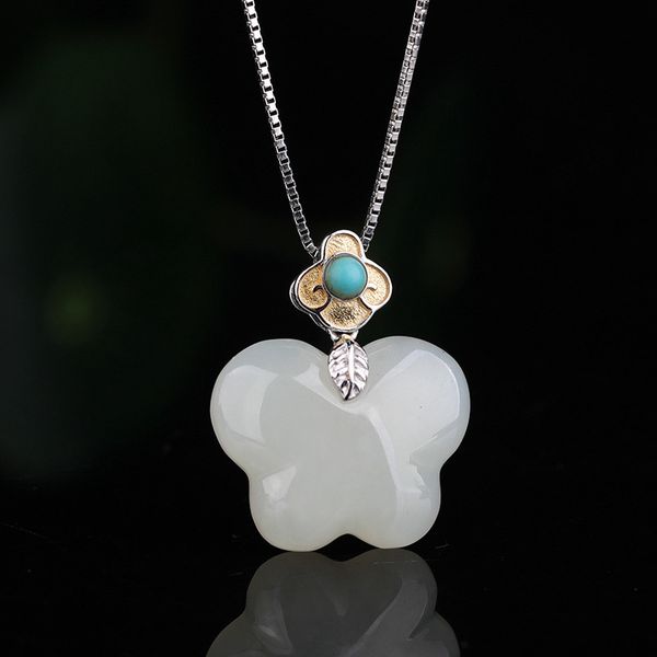 

jewelry women's belt certificate 925 pure silver inlaid with natural turquoise buckle butterfly and tian jade pendant, Blue;slivery