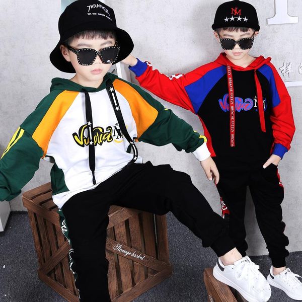 

2 sets children's clothing boys spring and autumn new sweater trousers hooded fashion long-sleeved jacket pants hip-hop style dance sui, White