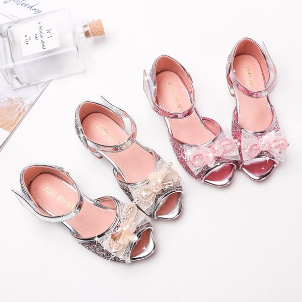 

girls high heel princess sandals children shoes glitter leather butterfly knot girls kids shoes for party princess summer, Black;red