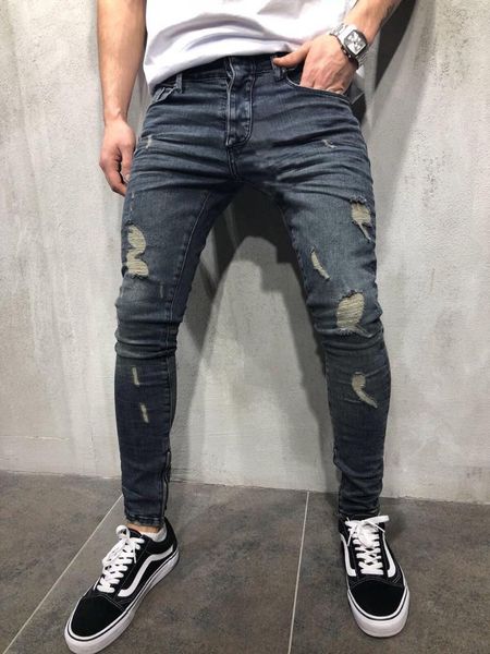 

mens cool designer brand pencil jeans skinny ripped destroyed stretch slim fit hop hop pants with holes for men, Blue