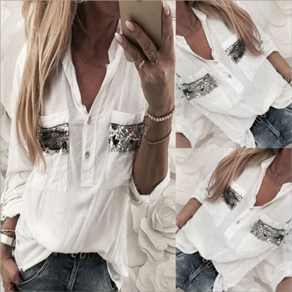

женщины леди рубашка с длинным рукавом женская блузка летняя мода свободные повседневные топы чистый белый, White