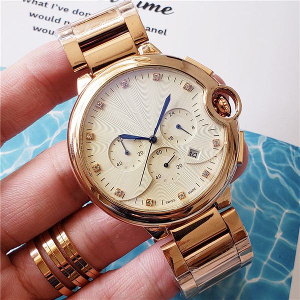 

wholesale cool mens luxury diamond watch all dial work chronograph watch stainless steel strap large dial quartz calendar mens sport watch, Slivery;brown