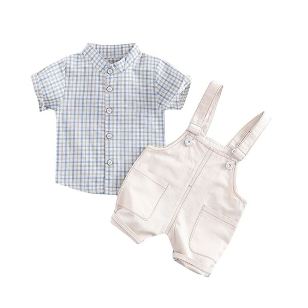 

baby boy clothes summer baby boys short sleeve plaid print shirts+strap shorts casual outfits sets clothes for boys new, White