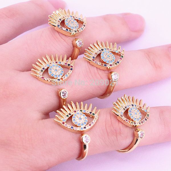 

10pcs gold color micro pave cz zirconia eye new trendy ring, for women girl gift adjustable size, Golden;silver