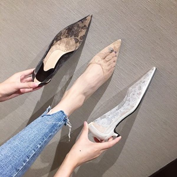 

fairy style shoes with female 2019 new autumn lace silk stiletto with wild pointed shoes, Black