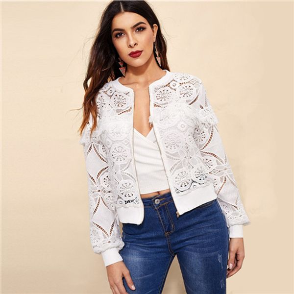 

white elegant hollowed out lace jacket women back frayed edge detail jackets ladies fringe zip-up lace outwear, Black;brown