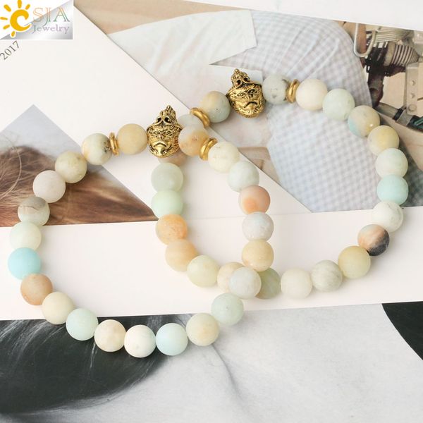 

csja natural stone amazon frosted bead amazonite bracelet mala beads pulsera skull buddha head reiki jewelry for men women f429, Black