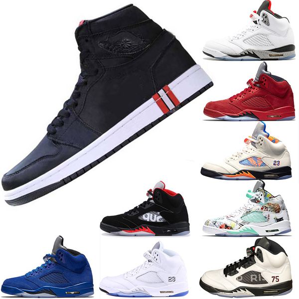 

Basketball Shoes 5s PSG X Paris OG1 Saint-Germain 75 Black White Red Blue Suede International Flight OG Black Metallic Mens Sport Sneakers