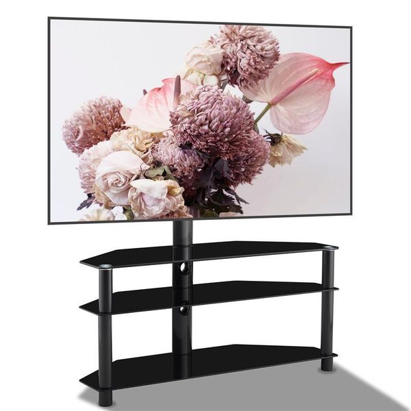 

glass floor media storage stand black tempered glass height adjustable universal swivel entertainment center mount mobile floor stand