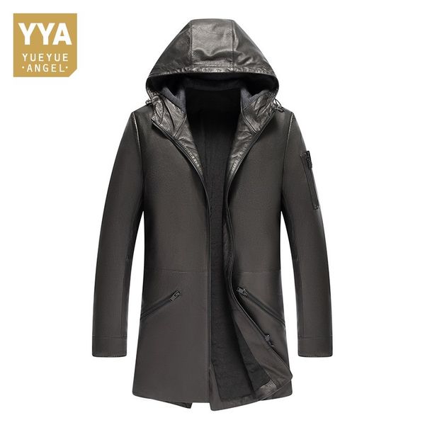 

for mens sheepskin jacket fashion real leather motorcycle jacket casual hoody leather trench long coats plus size, Black