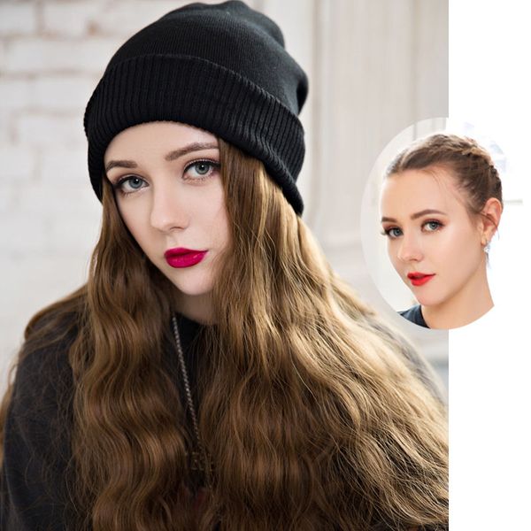 

knitting wool hat with wig female internet celebrities long curly hair outdoor wear in autumn and winter, Black