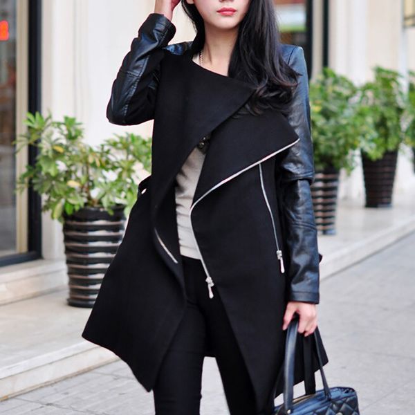

women's wool & blends women coat winter outerwear slim long warm turn-down collar zipper leather patchwork jacket f807, Black