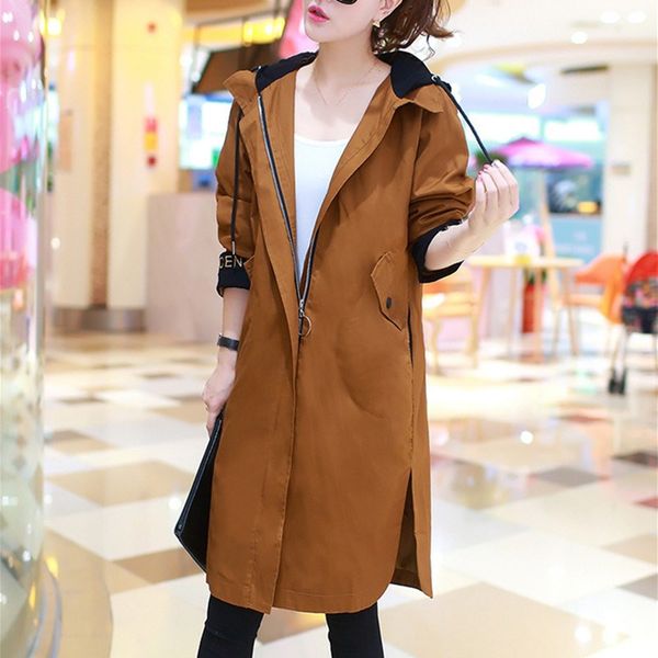 

2019 spring autumn trench coat women causal long sleeve with hood medium long khaki female coat, Tan;black
