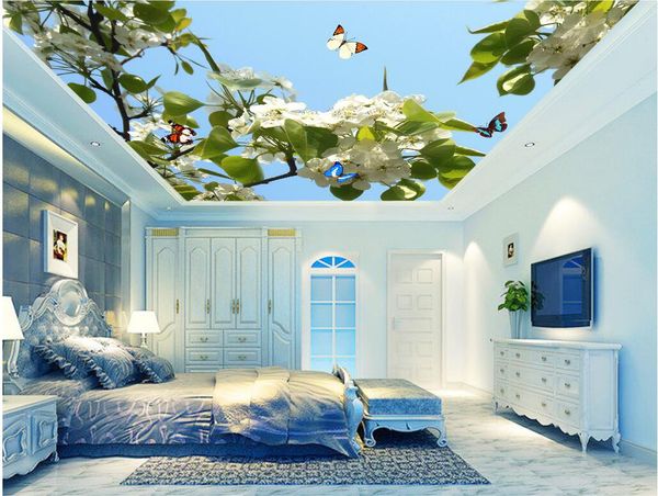 

wdbh 3d ceiling mural wallpaper custom p beautiful pear flower blue sky butterfly room home decor 3d wall murals wallpaper for walls 3 d
