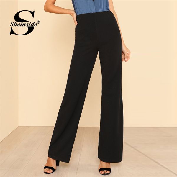 

sheinside high waist straight pants 2018 summer wide leg elastic waist workwear trousers women black office ladies pants, Black;white