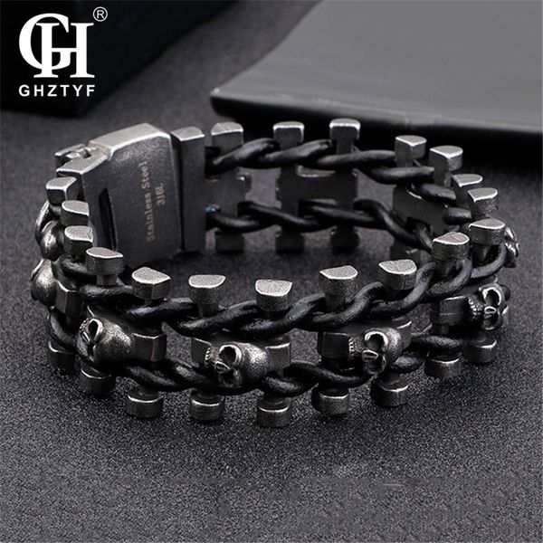 

vintage stainless steel skull bracelets mens 2018 316l steels punk rock leather chain bracelet for men business gifts wrist band mx191018, Black