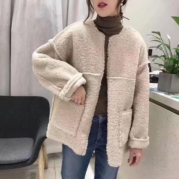 

harajuku brand fashion winter warm women lambswool jacket all-match single breasted casual brand thicken 2019 overcoat, Black