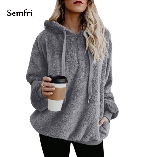 

semfri woman winter jacket female coat fluffy hoodie sweatshirt half-zipper oversized front hooded draped pockets coat 5xl plus, Black;brown