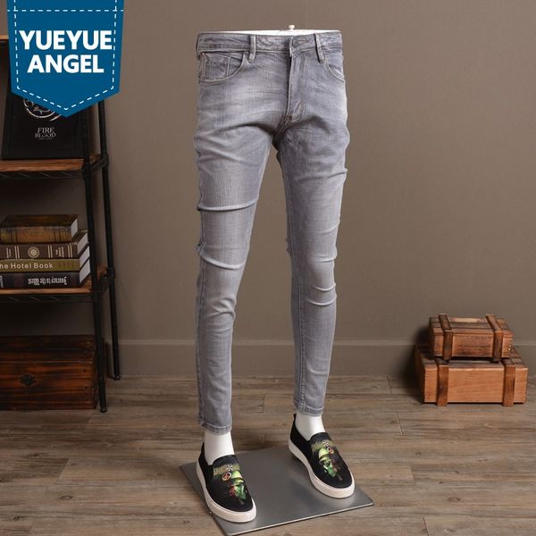 

european style vintage slim fit jeans men stretch denim pants spring men's solid long jeans casual trousers for male light grey, Blue