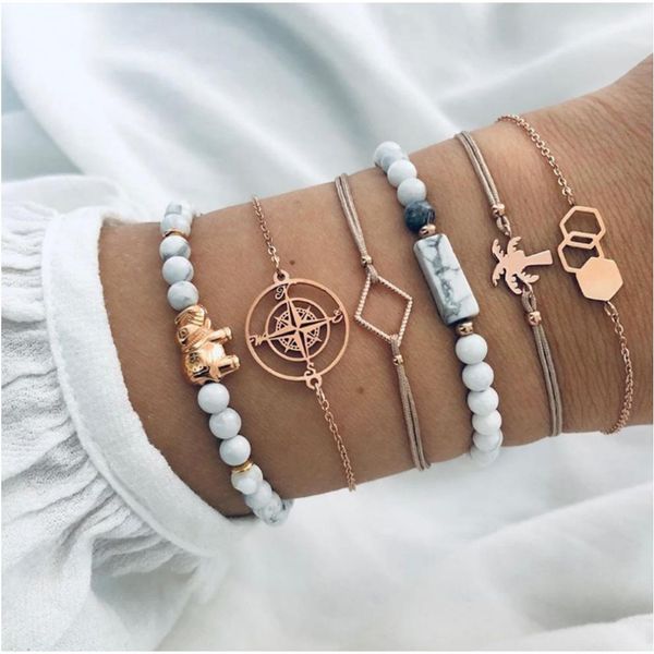 

bracelet set white stone beaded bracelet compass elephant coconut tree heart map turtle with string rope gold color plated metal chain, Golden;silver