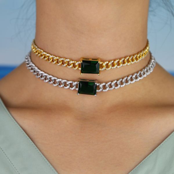 

women iced out bling cz miami cuban chain choker 32+8cm with heavy green baguette cz paved chain necklace, Silver