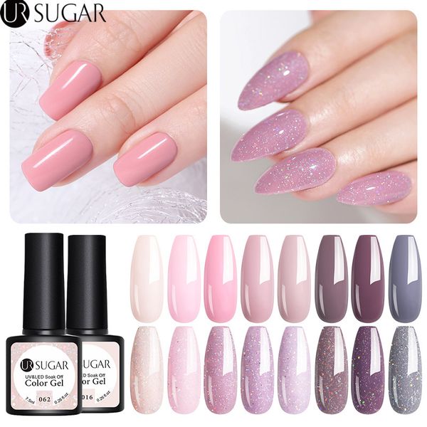 

ur sugar 2pcs/set pink glitter uv gel polish set shiny sequins led gel nail varnish lacquer semi permanent soak off uv led, Red;pink