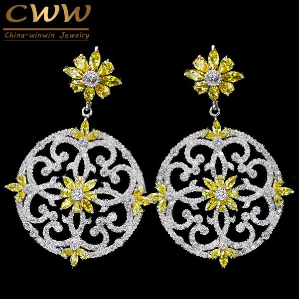 

cwwzircons bohemia style yellow cubic zirconia stones large long drop dangle wedding earring bridal costume jewelry cz145, Silver