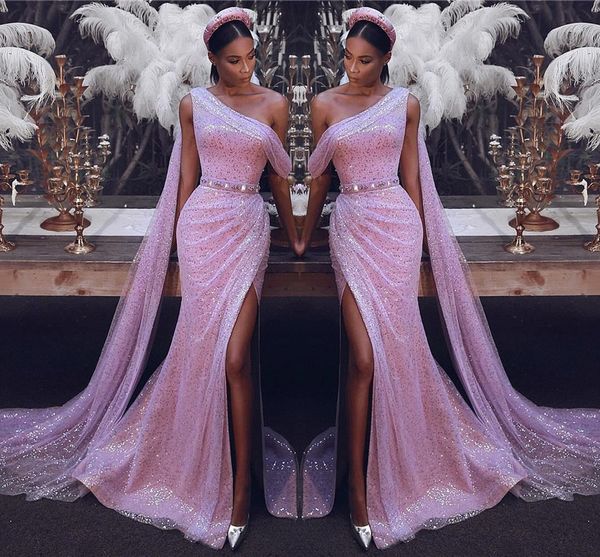 

элегантный розовый одно плечо вечерние платья сверкают блестками оболочка сплит вечерние платья выпускного вечера арабская партия носит форм, Black;red