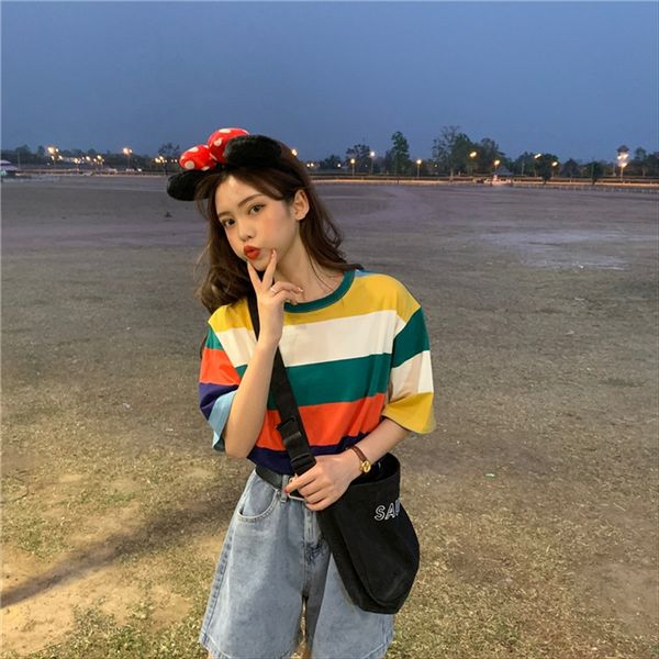 

2020ins sweet girl student all-match rainbow stitching striped short-sleeved t-shirt female 2020ins sweet girl student all-match rainbow sti, White